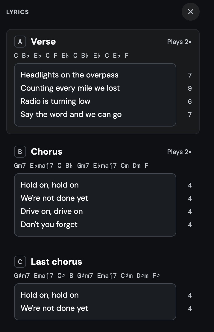 The lyrics panel: verse and chorus, each with its chords and syllable counts