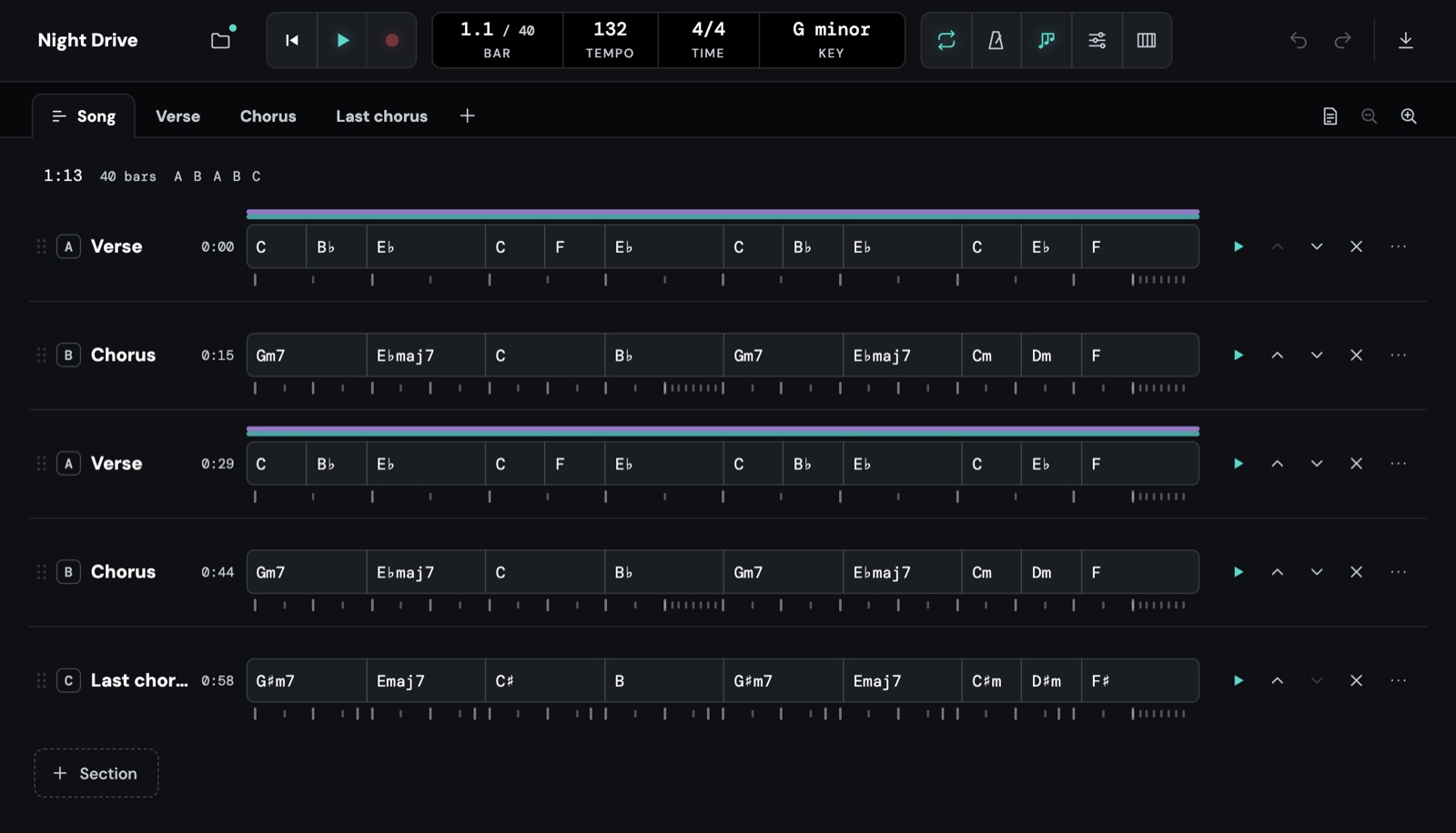 The arrangement: verse, chorus, verse, chorus and a last chorus, with their chords