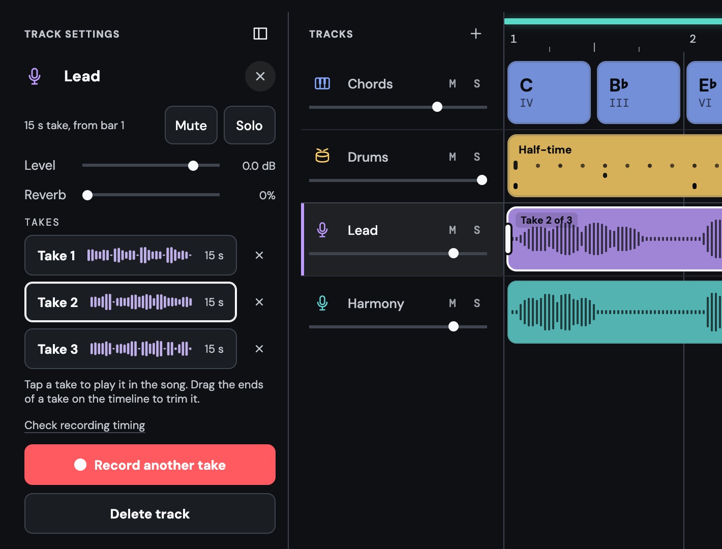 A lead vocal track selected, with three takes to choose from, take 2 playing, and a harmony track below